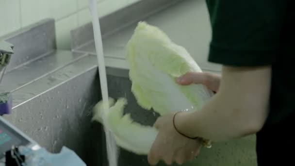 Close up shot washing iceberg salad — Stock Video