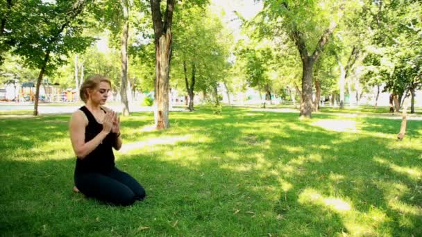 Jóga a park széles lövés fiatal nő — Stock videók