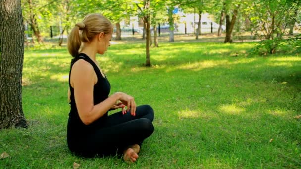 广泛被枪杀的年轻女性，在公园做瑜伽 — 图库视频影像
