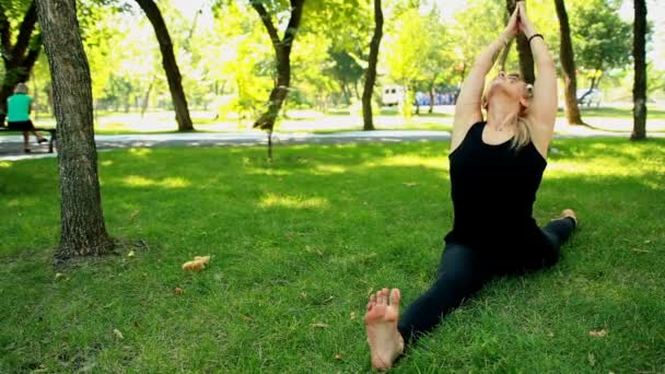 Brede shot jonge vrouw doen yoga in park — Stockvideo