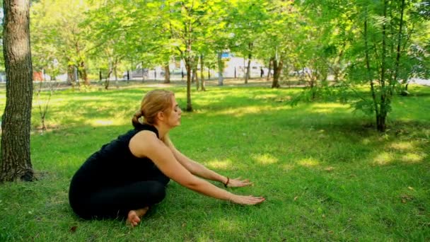 Szeroki strzał młoda kobieta robi joga w parku — Wideo stockowe