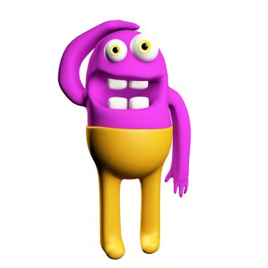 Beyaz arka planda sarı pantolonlu komik mor bir canavarın 3 boyutlu görüntüsü. Canavarlar şaşkınlık duygusunu ifade eder.