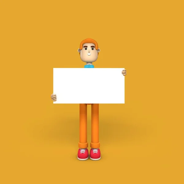 Rendering Character Man Holds White Sheet Paper Yellow Background Guy Stock Photo