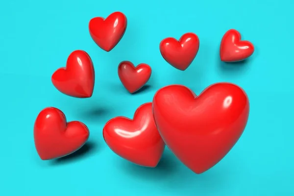 Визуализировать Композицию Красных Сердец Синем Фоне Красные Пластиковые Сердца Летают Стоковое Фото