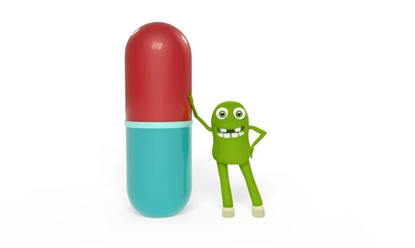 Render Little Green Monster Leans Medicine Capsule White Background Funny Stock Picture