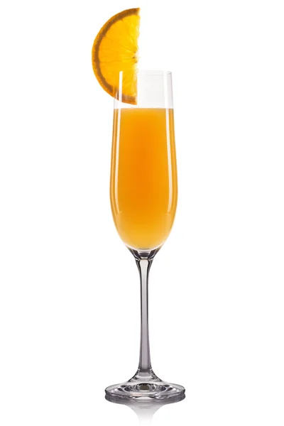 Mimosa cocktail in champagne glass isolated on white background