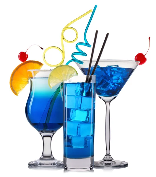 Set of blue cocktails with decoration from fruits and colorful straw isolated on white background — Stock Photo, Image