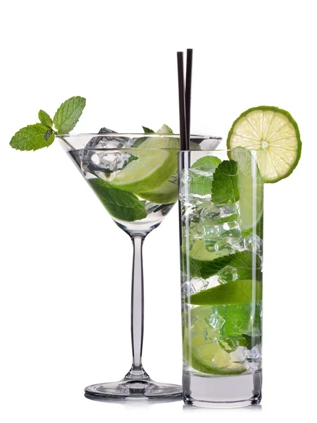 Set of mojito cocktails with mint, lime and strawberry isolated on white background — Stock Photo, Image