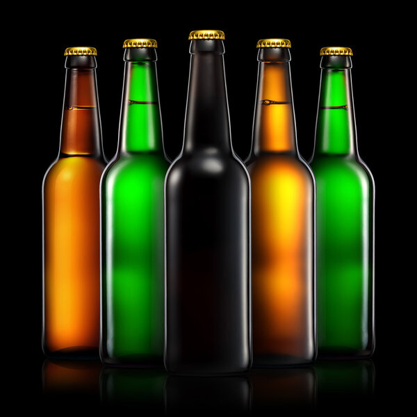 Set of beer bottles isolated on black background