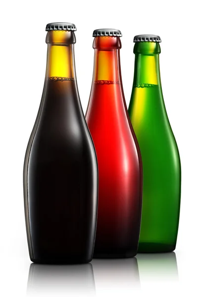 Beyaz arka plan üzerinde izole bira şişeleri kümesi — Stok fotoğraf