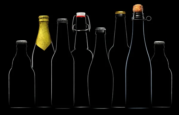 Üveg sörrel elszigetelt fekete háttér beállítása — Stock Fotó