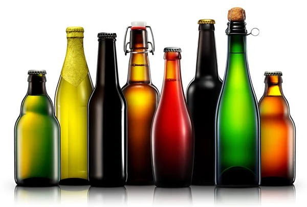 白い背景に分離されたビール瓶のセット — ストック写真