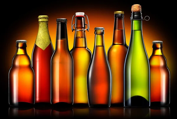 Set of beer bottles isolated on black background — Stock Photo, Image