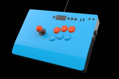 Oyun çubuğu ve turnuva derecesinde düğmeleri olan klasik atari sopası. Kırpma yolu ile siyah üzerine izole edilmiş. Oyun makinesi ve oyun alanı çalışma alanı kavramının 3B yorumlanması