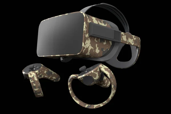 Virtual reality glasses and controllers for online and cloud gaming isolated on black with clipping path. 3D rendering of device for virtual design in augmented reality or virtual gaming in VR