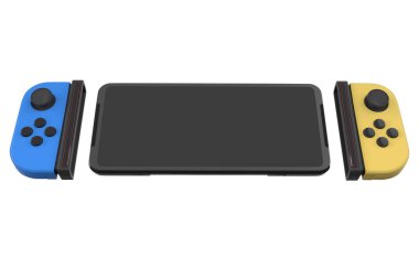 Cep telefonuna bağlı gerçekçi video oyun kontrolörleri kırpma yolu ile beyaza izole edilmiş. Çevrimiçi oyun alanı için 3B mavi ve sarı oyun alanı çizimi