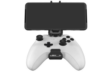 Kırpma yolu olan beyaz arka planda izole edilmiş bir cep telefonuyla oyun oynamak için gerçekçi joystick. Video oyunu akışının 3B görüntülemesi