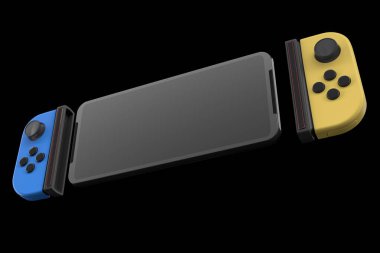 Cep telefonuna bağlanmış gerçekçi video oyun kontrolörleri kırpma yolu ile siyahta izole edilmiş. Çevrimiçi oyun alanı için 3B mavi ve sarı oyun alanı çizimi