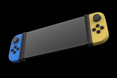 Cep telefonuna bağlanmış gerçekçi video oyun kontrolörleri kırpma yolu ile siyahta izole edilmiş. Çevrimiçi oyun alanı için 3B mavi ve sarı oyun alanı çizimi