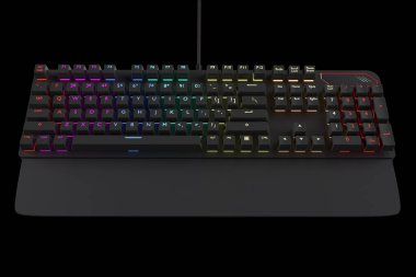 Black computer keyboard with rgb color isolated on black with clipping path. 3D rendering of streaming gear and gamer workspace concept clipart