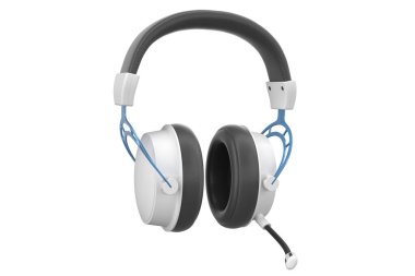 Üç boyutlu oyun kulaklığı, beyaz arka planda mikrofon ve kırpma yolu. Bulut oyunu ve oyun yayın hizmetleri kavramı