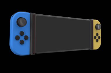 Cep telefonuna bağlanmış gerçekçi video oyun kontrolörleri kırpma yolu ile siyahta izole edilmiş. Çevrimiçi oyun alanı için 3B mavi ve sarı oyun alanı çizimi