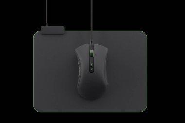 Profesyonel yastıktaki modern oyun faresi kırpma yolu ile siyah arka planda izole edildi. 3D yorumlama ve Canlı Yayın konsepti