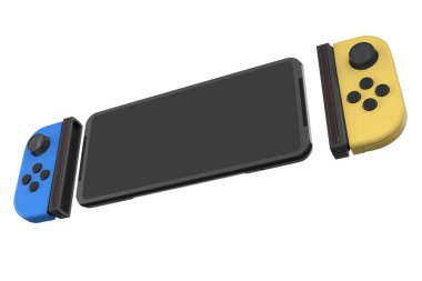 Cep telefonuna bağlı gerçekçi video oyun kontrolörleri kırpma yolu ile beyaza izole edilmiş. Çevrimiçi oyun alanı için 3B mavi ve sarı oyun alanı çizimi