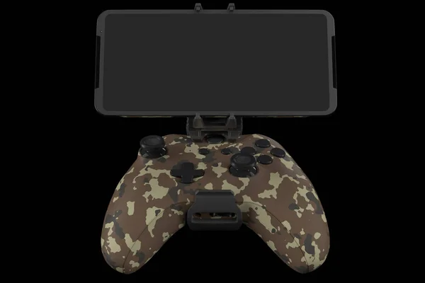 クリッピングパスで黒の背景に隔離された携帯電話でゲームをプレイするための現実的なジョイスティック 迷彩色のビデオゲームコントローラの3Dレンダリング — ストック写真