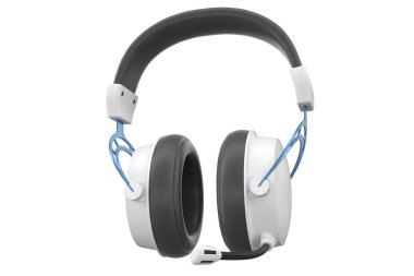 Üç boyutlu oyun kulaklığı, beyaz arka planda mikrofon ve kırpma yolu. Bulut oyunu ve oyun yayın hizmetleri kavramı