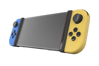 Cep telefonuna bağlı gerçekçi video oyun kontrolörleri kırpma yolu ile beyaza izole edilmiş. Çevrimiçi oyun alanı için 3B mavi ve sarı oyun alanı çizimi