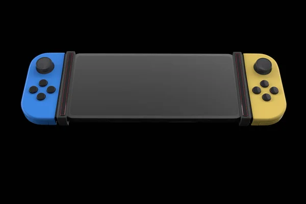 クリッピングパスと黒の上に隔離された携帯電話に接続された現実的なビデオゲームコントローラ 青と黄色のゲームパッドの3Dレンダリングオンラインゲーム — ストック写真