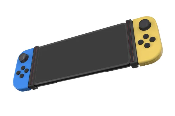 クリッピングパスで白に隔離された携帯電話に接続された現実的なビデオゲームコントローラ 青と黄色のゲームパッドの3Dレンダリングオンラインゲーム — ストック写真