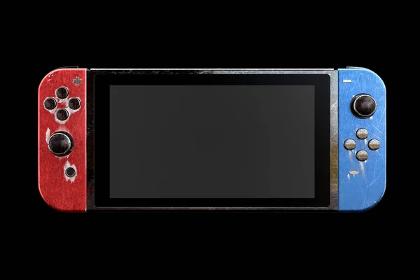 黒の背景に隔離されたタッチスクリーンに接続された概念的なビデオゲームコントローラ 青と赤のゲームパッドの3Dレンダリングオンラインゲーム — ストック写真