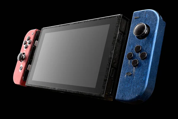 黒の背景に隔離されたタッチスクリーンに接続された概念的なビデオゲームコントローラ 青と赤のゲームパッドの3Dレンダリングオンラインゲーム — ストック写真