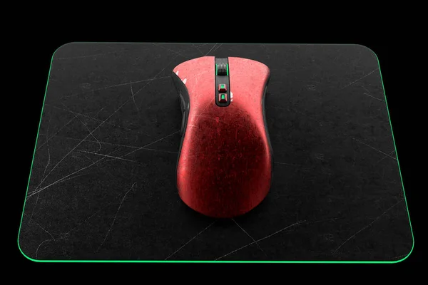 Used metal red gaming mouse with scratches on professional pad isolated on black background blackground. 3D rendering of of cybersport hardcore gaming and e-sport tournament concept