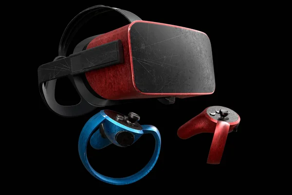 Используемые очки виртуальной реальности и контроллеры с царапинами для онлайн-игр — стоковое фото
