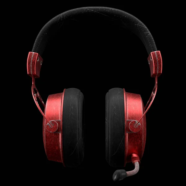 Gebrauchte Gaming-Kopfhörer aus Metall mit Mikrofon und Kratzern isoliert auf schwarz — Stockfoto