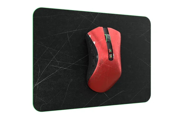 Utilisé Métal Souris Jeu Rouge Avec Des Rayures Sur Pad — Photo