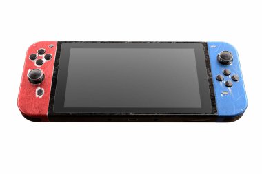 Dokunmatik ekrana beyaz arkaplanda izole edilmiş çiziklerle iliştirilmiş kavramsal video oyun denetleyicileri. Sanal spor sert oyun ve e-spor turnuva konseptinin 3 boyutlu yorumlanması