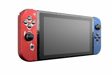 Dokunmatik ekrana beyaz arkaplanda izole edilmiş çiziklerle iliştirilmiş kavramsal video oyun denetleyicileri. Sanal spor sert oyun ve e-spor turnuva konseptinin 3 boyutlu yorumlanması