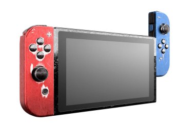 Dokunmatik ekrana beyaz arkaplanda izole edilmiş çiziklerle iliştirilmiş kavramsal video oyun denetleyicileri. Sanal spor sert oyun ve e-spor turnuva konseptinin 3 boyutlu yorumlanması