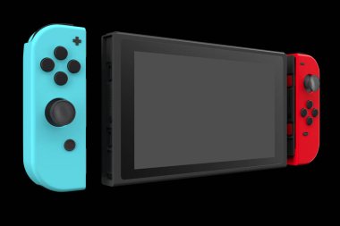 Dokunmatik ekrana iliştirilmiş gerçekçi video oyun denetleyicileri kırpma yolu ile siyah üzerinde izole. Çevrimiçi oyun alanı için 3B mavi ve kırmızı oyun alanı oluşturma