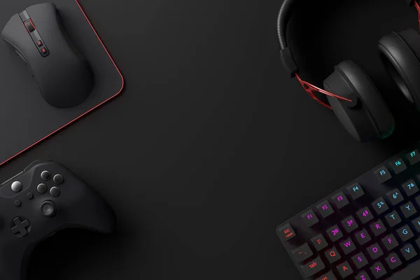 Oyun alanının üst görüntüsü ve fare, klavye, joystick, kulaklık, siyah masa arka planında VR kulaklık gibi teçhizatlar. Canlı yayın konsepti için aksesuarların 3D yorumlaması