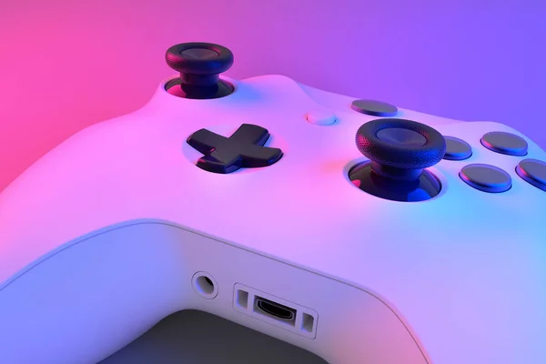 Realistische Video Game Controller Neon Lichten Witte Tafel Achtergrond Weergave — Stockfoto