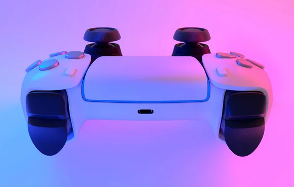 Realistic Video Game Controller Neon Lights White Table Background Rendering — Stock Photo, Image