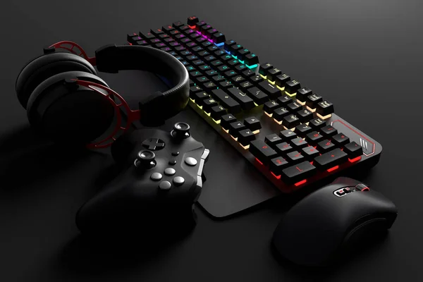 Draufsicht Auf Gamer Arbeitsbereich Und Ausrüstung Wie Maus Tastatur Joystick — Stockfoto