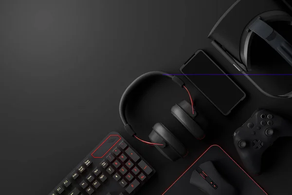 Oyun alanının üst görüntüsü ve fare, klavye, joystick, kulaklık, siyah masa arka planında VR kulaklık gibi teçhizatlar. Canlı yayın konsepti için aksesuarların 3D yorumlaması