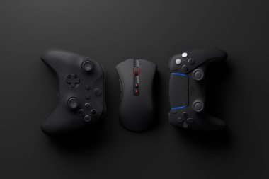 Oyun alanının en üst görüntüsü ve fare gibi teçhizat, siyah masa arkaplanındaki joystick. Canlı yayın konsepti için aksesuarların 3D yorumlaması