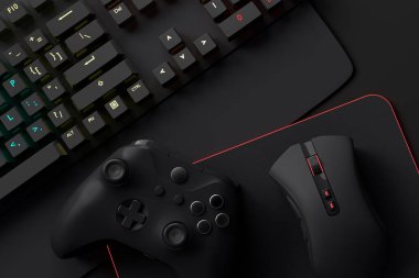 Oyun alanının üst görüntüsü ve fare, klavye, arka plandaki joystick gibi teçhizatlar. Canlı yayın konsepti için aksesuarların 3D yorumlaması